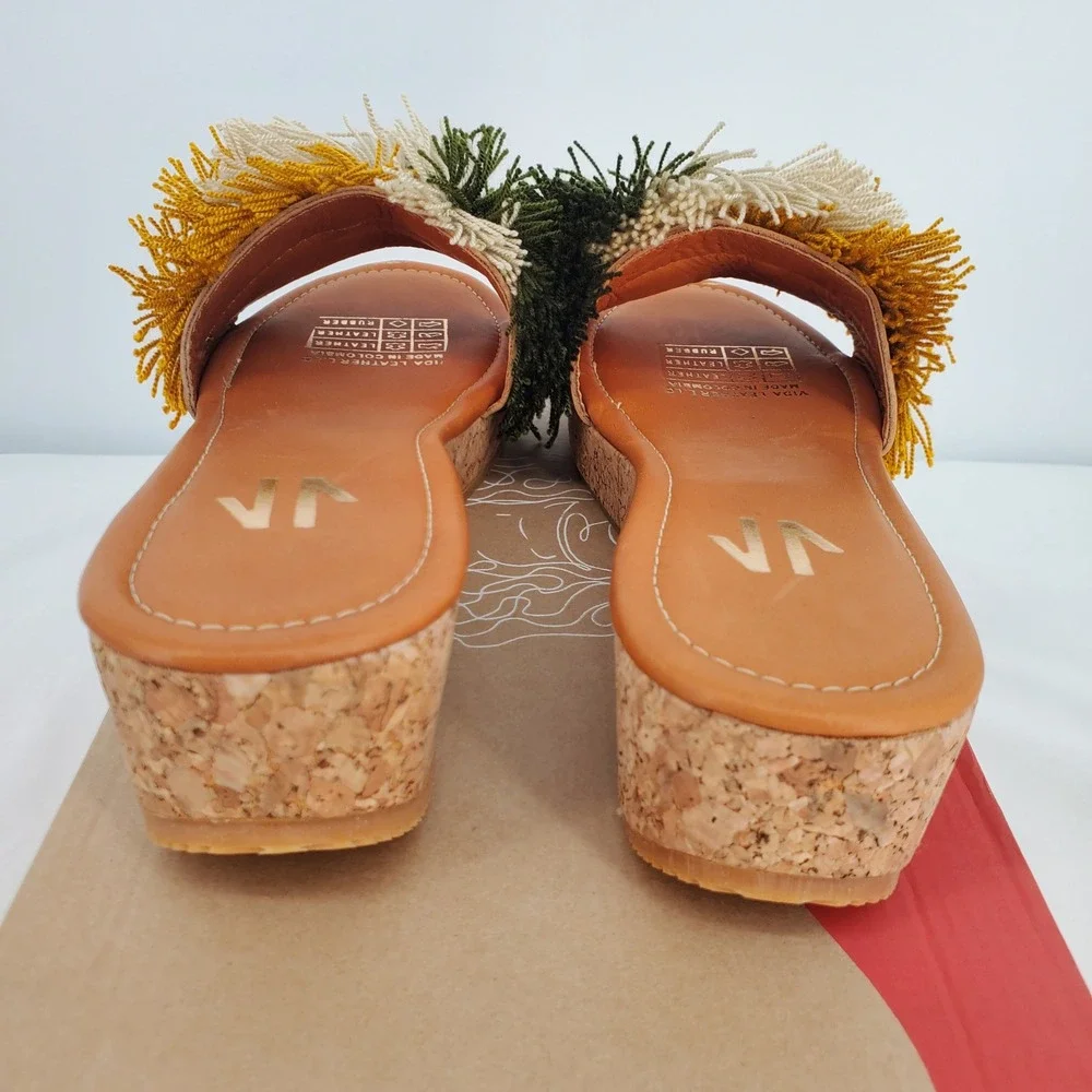 Silvia Cobos Mambo Fringe Wedge Sandals Green Multi Color Cork Platform 8.5 New